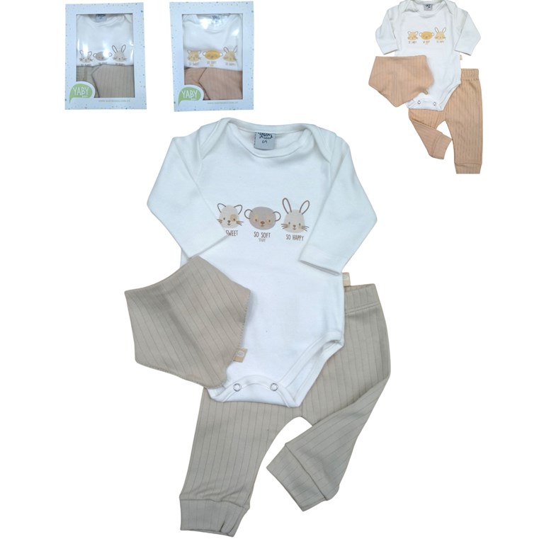 Set ajuar 3 piezas body de interlock ranita y babero bandana yaby