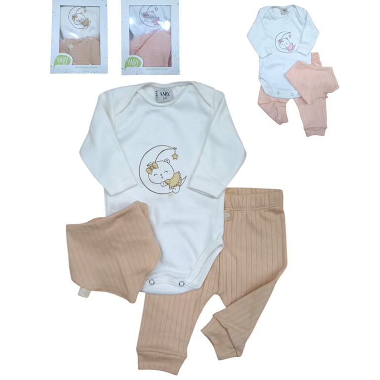 Set ajuar de 3 piezas body estampado mas pantalon y babero bandana yaby