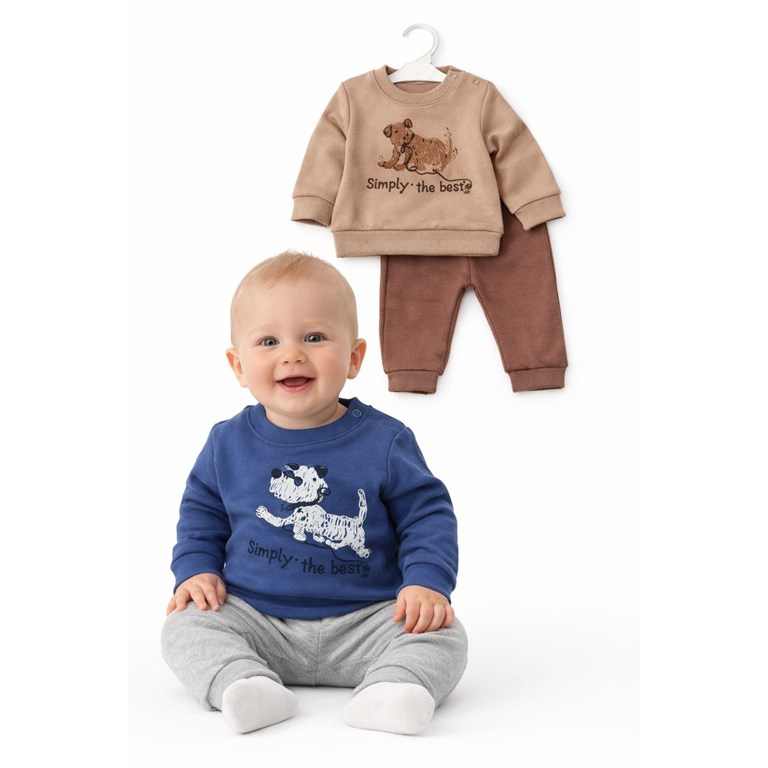 CONJUNTO DE FRISA PARA BEBÉ, PANTALÓN Y BUZO ESTAMPA CENTRAL PERRITO. YABY