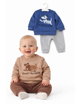 CONJUNTO DE FRISA PARA BEBÉ, PANTALÓN Y BUZO ESTAMPA CENTRAL PERRITO. YABY