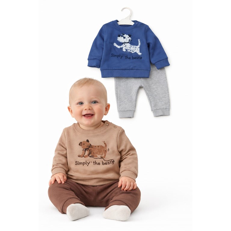CONJUNTO DE FRISA PARA BEBÉ, PANTALÓN Y BUZO ESTAMPA CENTRAL PERRITO. YABY