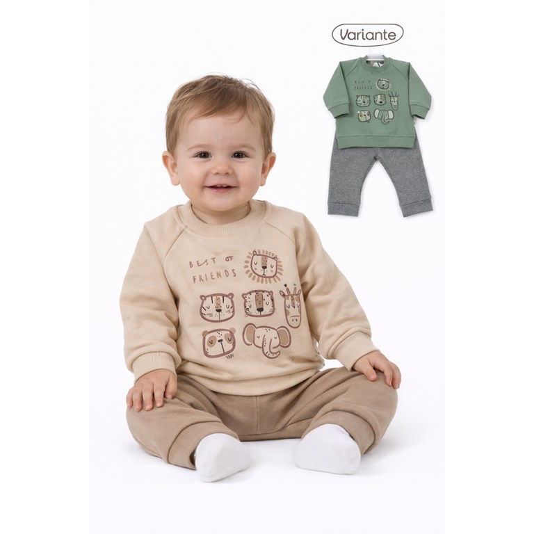 CONJUNTO DE FRISA PARA BEBÉ, PANTALON Y BUZO ESTAMPA CENTRAL ANIMALITOS. YABY