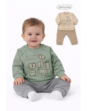 CONJUNTO DE FRISA PARA BEBÉ, PANTALON Y BUZO ESTAMPA CENTRAL ANIMALITOS. YABY