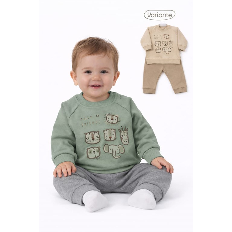 CONJUNTO DE FRISA PARA BEBÉ, PANTALON Y BUZO ESTAMPA CENTRAL ANIMALITOS. YABY