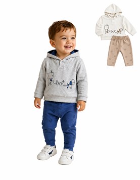 CONJUNTO FRISA PARA BEBA PANTALON Y BUZO CON CAPUCHA Y ESTAMPA. YABY