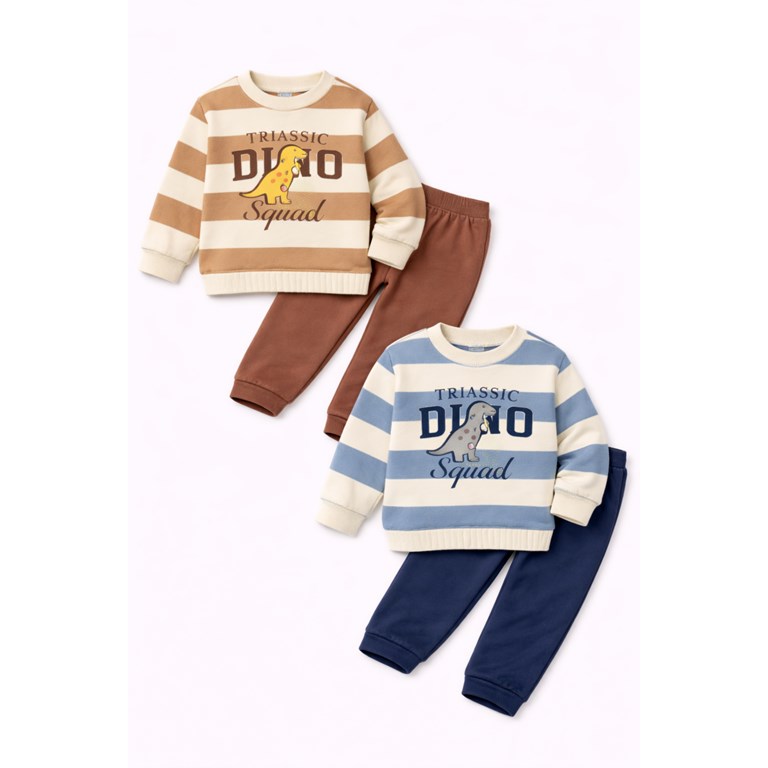 CONJUNTO DE FRISA PARA BEBÉ, PANTALÓN LISO  Y BUZO RAYADO. YABY