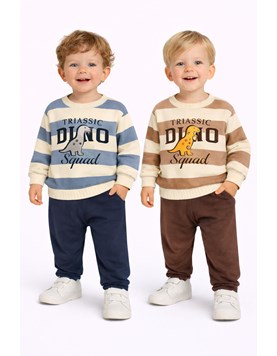 CONJUNTO DE FRISA PARA BEBÉ, PANTALÓN LISO  Y BUZO RAYADO. YABY