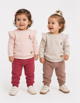 CONJUNTO DE FRISA PARA BEBA, PANTALON, BUZO CON VOLADO EN HOMBROS Y BORDADO FLOR. YABY