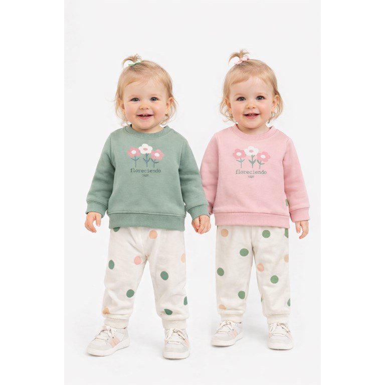 CONJUNTO FRISA PARA BEBA, PANTALON CON LUNARES Y BUZO ESTAMPA  FLORES.  YABY