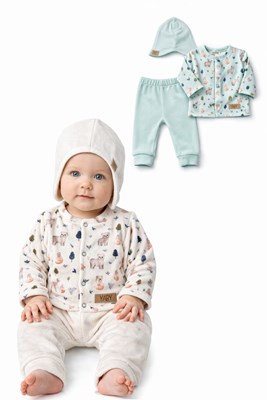 AJUAR 3 PIEZAS DE PLUSH, SAQUITO ESTAMPADO, PANTALON Y GORRO LISO. YABY