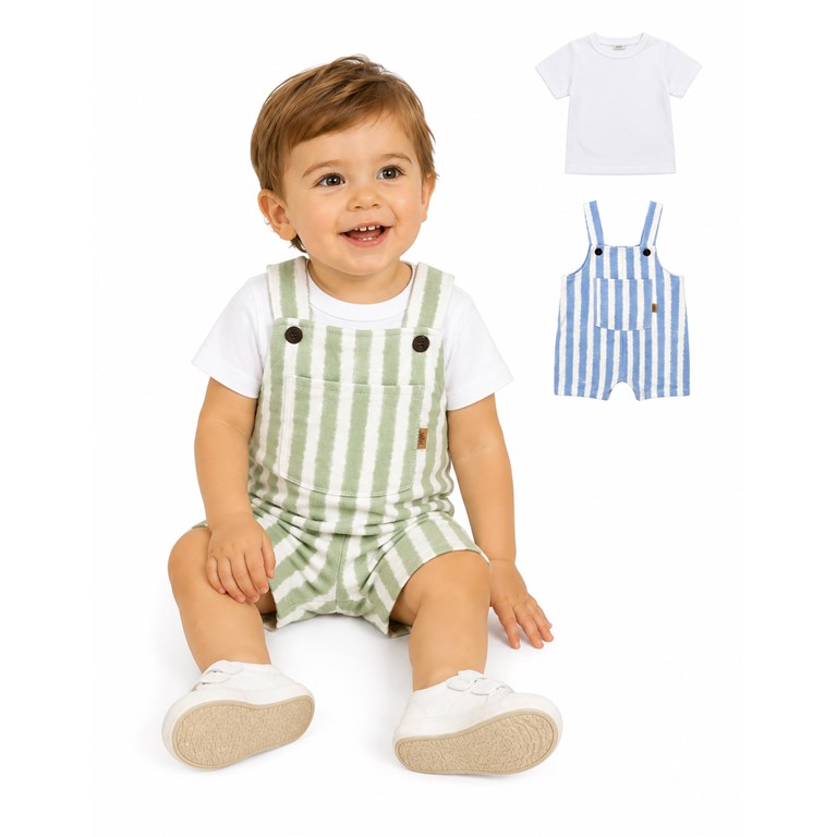 CONJUNTO JARDINERO RUSTICO RAYADO + REMERA ALGODON MANGA CORTA. YABY
