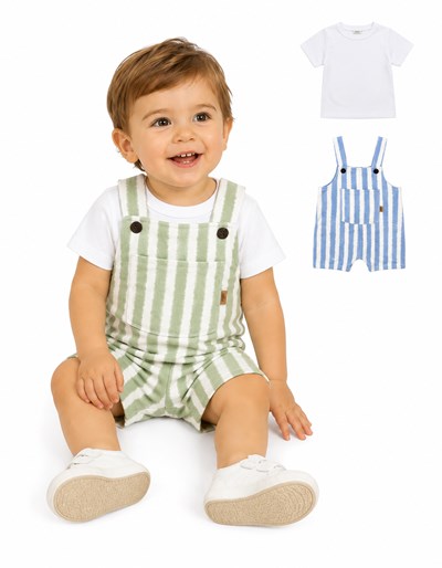 CONJUNTO JARDINERO RUSTICO RAYADO + REMERA ALGODON MANGA CORTA. YABY