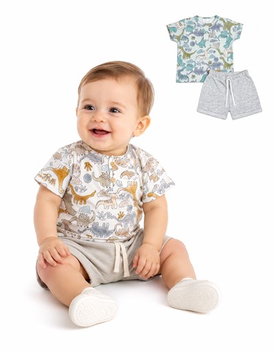 CONJUNTO SHORT RUSTICO + REMERA MANGA CORTA ESTAMPA DINOS. BIG BAY