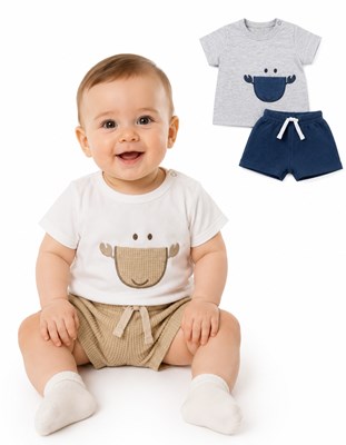 CONJUNTO BEBE SHORT WAFFLE + REMERA MANGA CORTA CON APLIQUES . YABY