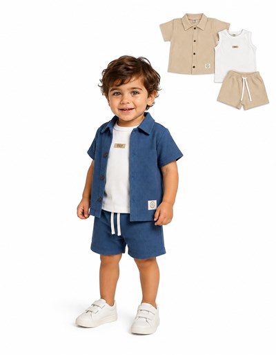 Conjunto 3 pzs. Saquito manga corta y short en waffle + remera manga corta en algodon. Big Bay