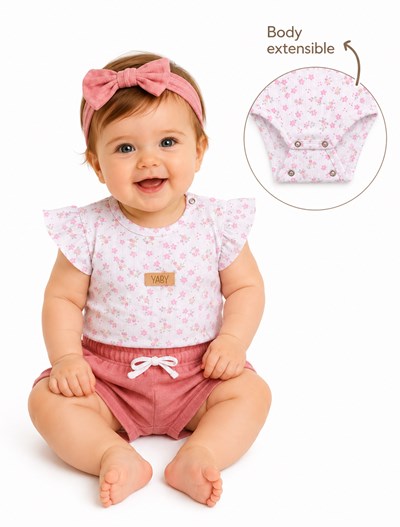 CONJUNTO BODY EXTENSIBLE FLOREADO + SHORT RUSTICO. YABY