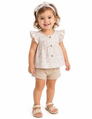 CONJUNTO BBA REMERA PLUMETI FLOREADA + SHORT RUSTICO. YABY