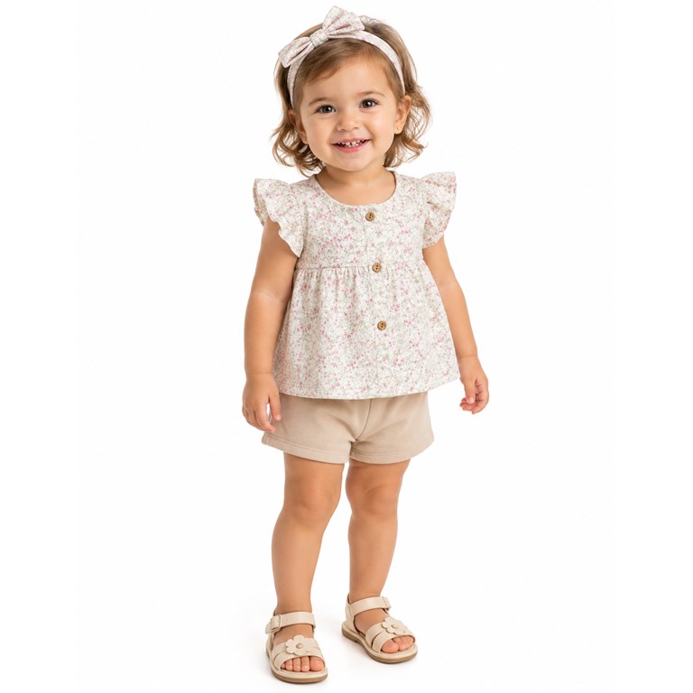 CONJUNTO BBA REMERA PLUMETI FLOREADA + SHORT RUSTICO. YABY