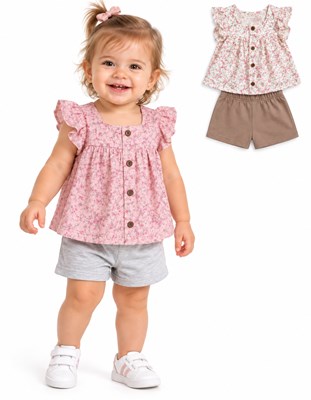 CONJUNTO BBA REMERA PLUMETI FLOREADA + SHORT RUSTICO. YABY