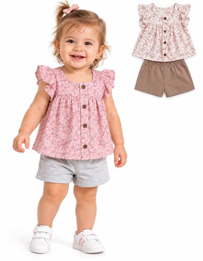 CONJUNTO BBA REMERA PLUMETI FLOREADA + SHORT RUSTICO. YABY