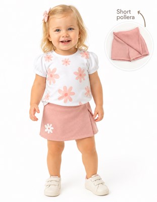 CONJUNTO BEBA REMERA  ESTAMPA FLORES + SHORT POLLERA RUSTICO. YABY