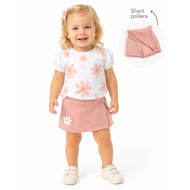 CONJUNTO BEBA REMERA  ESTAMPA FLORES + SHORT POLLERA RUSTICO. YABY