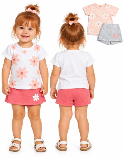CONJUNTO BEBA REMERA  ESTAMPA FLORES + SHORT POLLERA RUSTICO. YABY