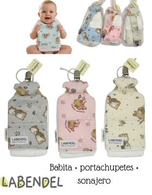 A302 SET: 4 PRODUCTOS EN BOLSA DE TUL: TOALLITA + PORTACHUPETES + SONAJERO MORDILLO MONTESORI. COLORES SURTIDOS.  LABENDEL