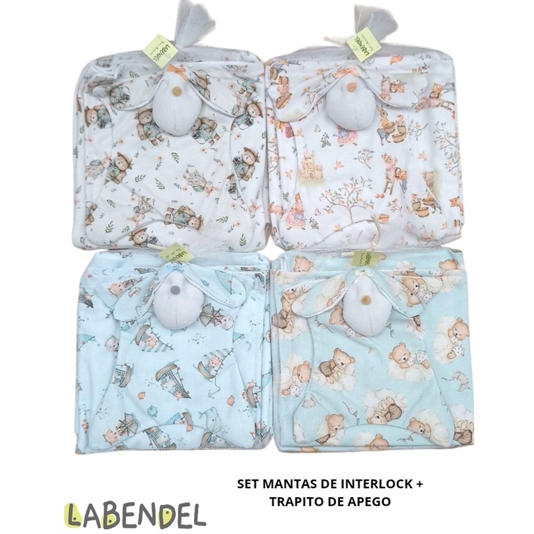 SET MANTA DE INTERLOCK + TRAPITO DE APEGO CONEJITO EN BOLSA DE TUL. LABENDEL