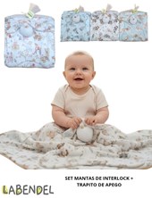 SET MANTA DE INTERLOCK + TRAPITO DE APEGO CONEJITO EN BOLSA DE TUL. LABENDEL