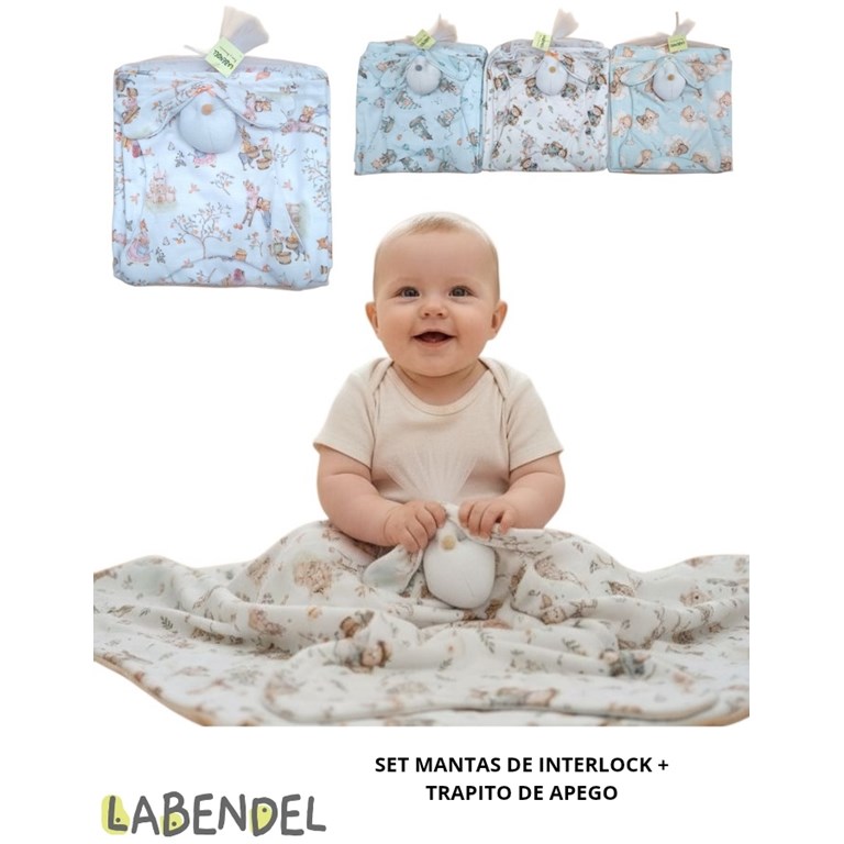 SET MANTA DE INTERLOCK + TRAPITO DE APEGO CONEJITO EN BOLSA DE TUL. LABENDEL