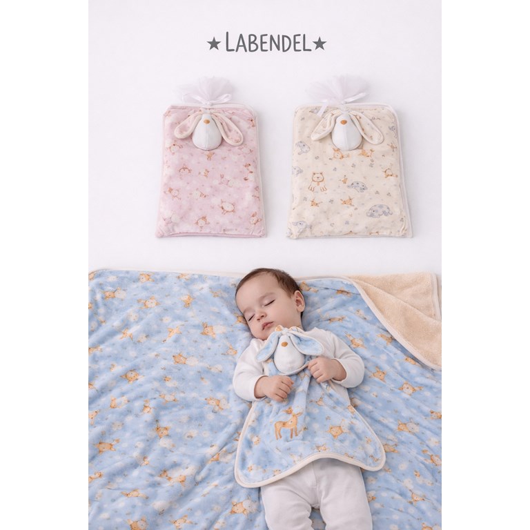 SET: MANTA REVERSIBLE DOBLE DE INTERLOCK Y DEL OTRO LADO FORRADA EN DARLON + TRAPITO DE APEGO EN BOLSA DE TUL. LABENDEL