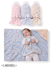 SET: MANTA REVERSIBLE DOBLE DE INTERLOCK Y DEL OTRO LADO FORRADA EN DARLON + TRAPITO DE APEGO EN BOLSA DE TUL. LABENDEL