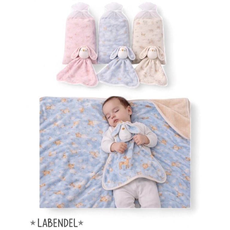 SET: MANTA REVERSIBLE DOBLE DE INTERLOCK Y DEL OTRO LADO FORRADA EN DARLON + TRAPITO DE APEGO EN BOLSA DE TUL. LABENDEL