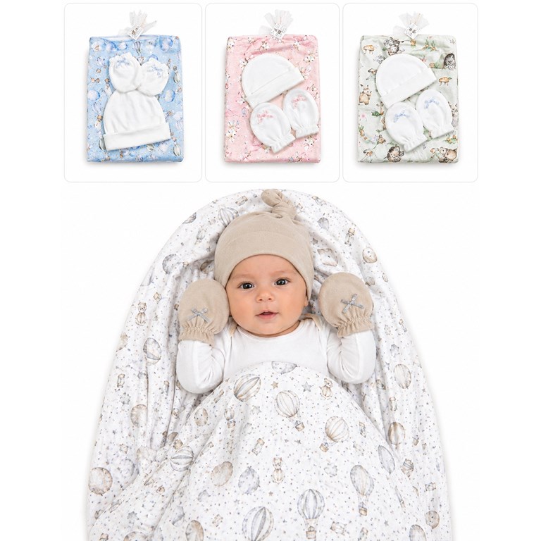 SET REGALO BOLSA DE TUL: RECIBIDOR + GORRO + MANOPLAS. LABENDEL