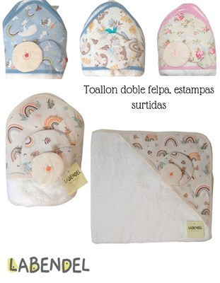 Toallón doble Felpa con capucha forrada. Presentado en bolsa de tul envoltoria. Colores surtidos. Labendel