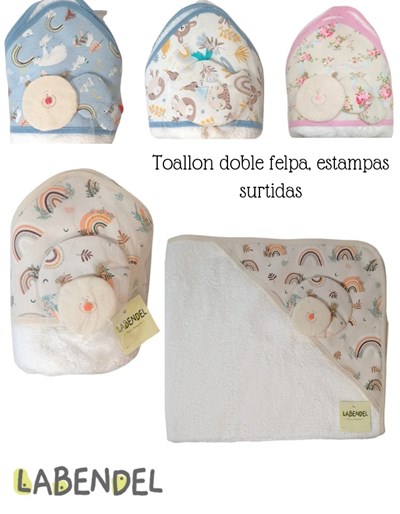 Toallón doble Felpa con capucha forrada. Presentado en bolsa de tul envoltoria. Colores surtidos. Labendel