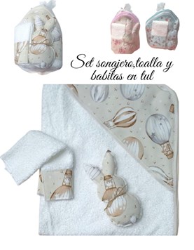 SET TOALLÓN, SONAJERO Y BABITA, EN BOLSA TUL. LABENDEL