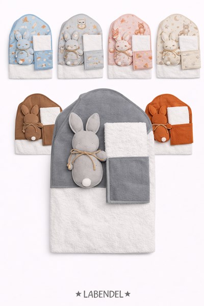 SET TOALLÓN, SONAJERO Y BABITA, EN BOLSA TUL. LABENDEL