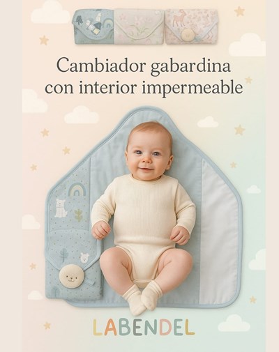 Cambiador de gabardina con aplique. Medida: 65cm x 40cm. Colores surtidos: Unisex-Varon-Nena. Labendel