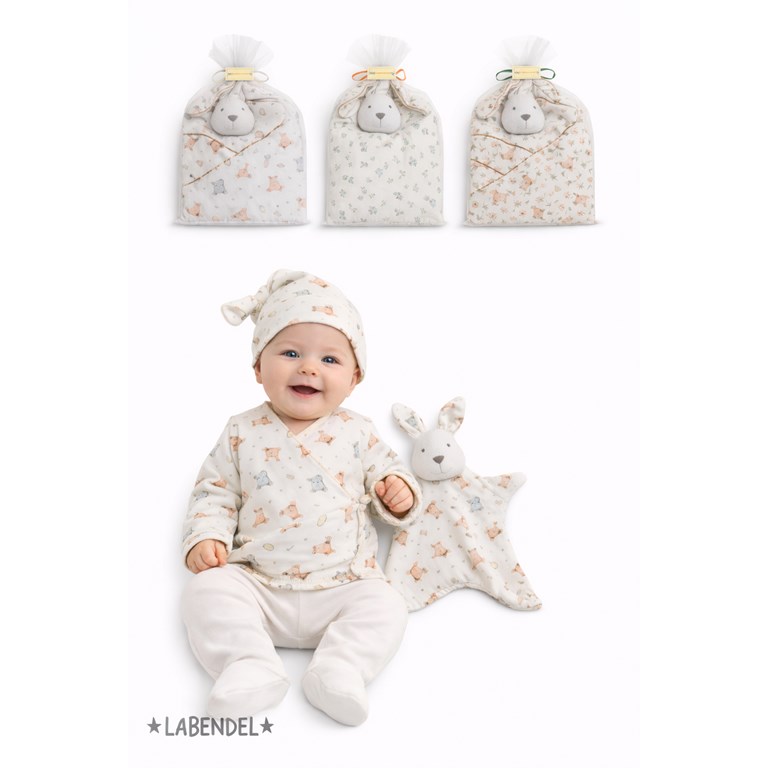 Set presentado con tul: 4 piezas: Batita + Medio osito + Gorrito + Muñeco de apego. Labendel