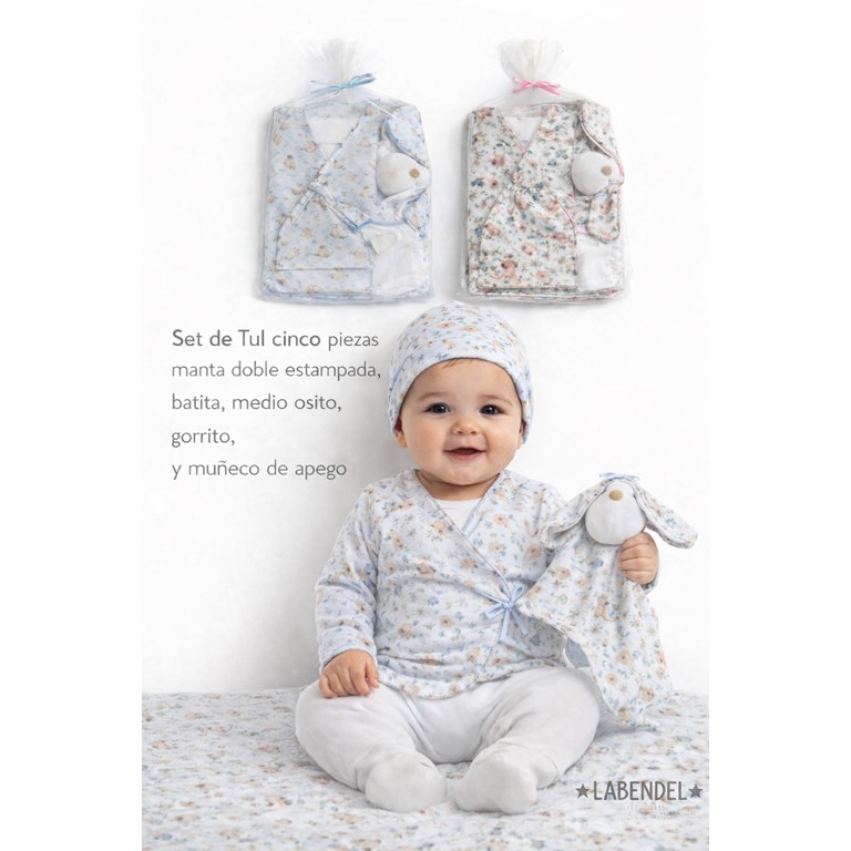 Set de tul 5 piezas: manta interlock doble estampada + batita+ medio osito+ gorrito+muñeco de apego