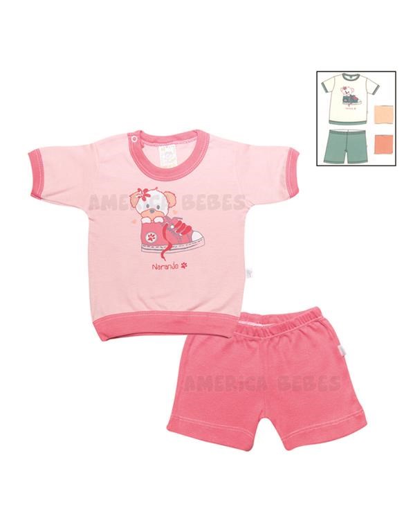 Conjunto Remera m/c y short BB Nena estamp.Colores surtidos. Naranjo.