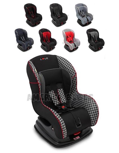 Butaca (0 a 25 kg) con base. 3 posiciones de reclinado, uso a favor y contramarcha (hasta 9 kg). Arnés 5 puntos, hombros regulables y reductor FLEX. Tapizado lavable. Homologación FMVSS 213 (Crash Test USA). Medidas: 66×48×54 cm.. LOVE