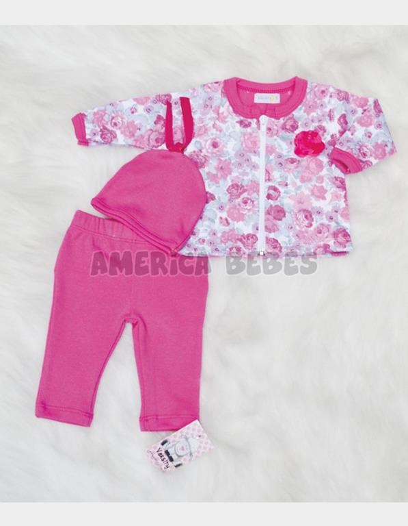 CONJUNTO PANTALON C/CAMPERA Y GORRO ROSA. VARSITY
