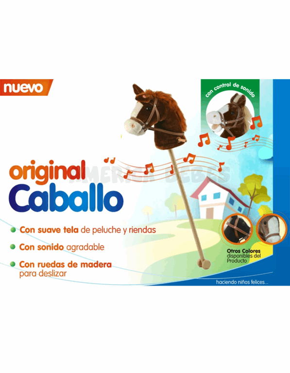 Cabeza de caballo. Palo con ruedas y sonidos. Colores. Jem.
