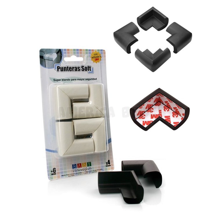 Protectores x4 unidades  de goma suave y acolchonada para cubrir las puntas de mesas, mesadas y muebles. Con adhesivo 3M. Baby Innovation.