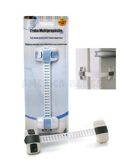 Traba regulable con apertura de doble botón. Incluye adhesivo 3M. Universal y fácil de colocar. Baby Innovation.