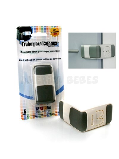 Traba externa para cajones, con adhesivo 3M y sin tornillos. Cierre con doble botón, y adaptable a cajones y cajoneras con espacio lateral. Baby Innovation.