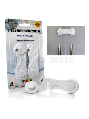 Traba para puertas corredizas o puertas dobles. Fácil de instalar y con botón de apertura. Con pegamento 3M. Baby Innovation-